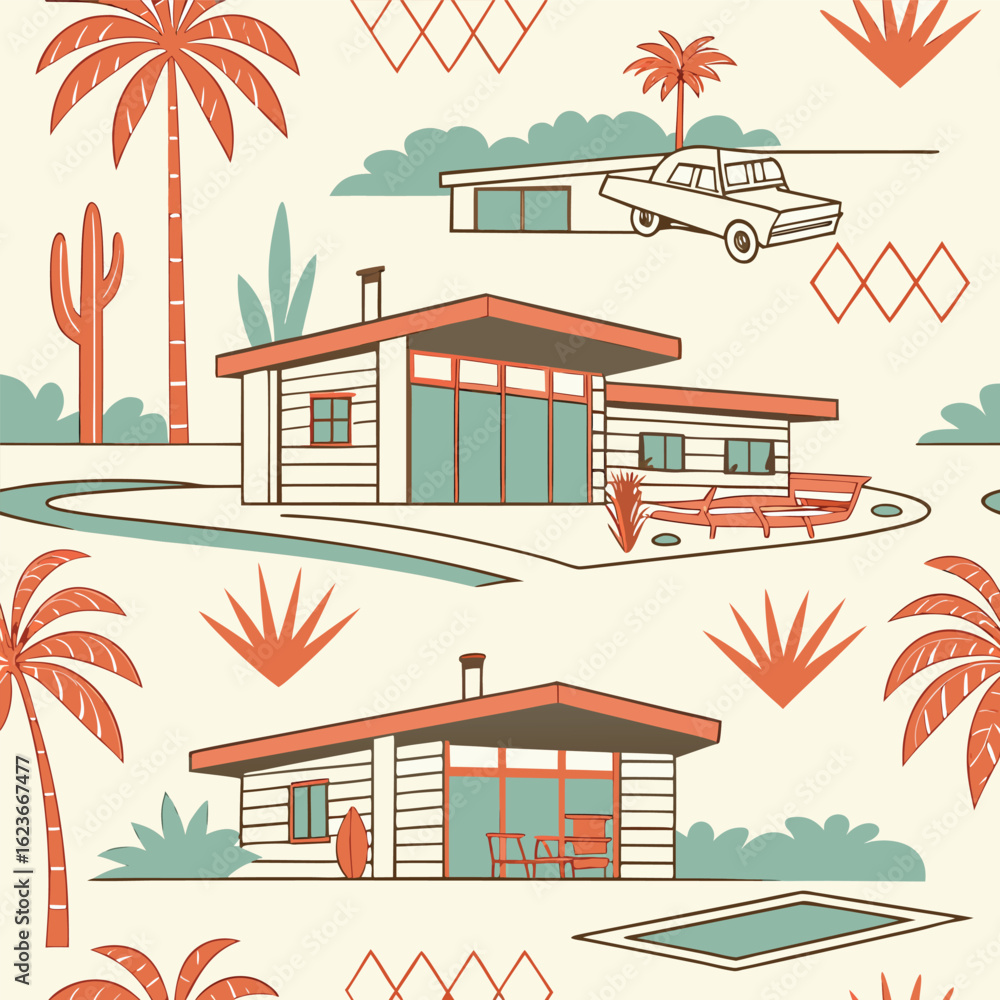 Aufkleber mid century inspired geometric repeating pattern design featuring abstract shapes and a vibrant colo