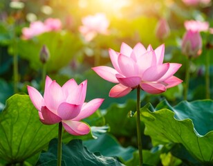 Obraz premium Pink lotus flowers in sunlight