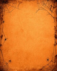 Halloween spider web background with orange texture and creepy spiders.  Spooky Halloween border with spider webs and black spiders on grunge orange textured background
