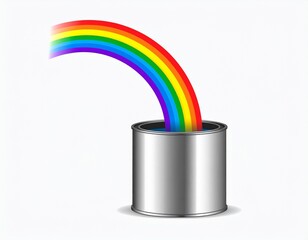 A vibrant rainbow bursts from a paint can, spilling color and magic into the air like a splash of imagination.