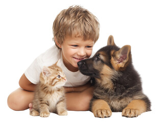 Kid cuddling fluffy puppy and kitten transparent background