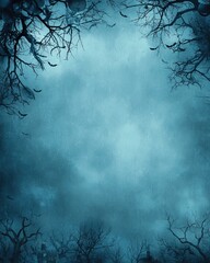 Spooky Halloween forest background with fog, bats and dark branches.  Haunted and eerie Halloween background with flying bats, fog, and creepy trees in the night