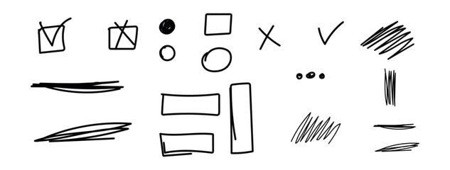 Minimalist black annotation symbols on transparent background: hand-drawn checkmarks, shapes, and scribbles in dynamic sketch style