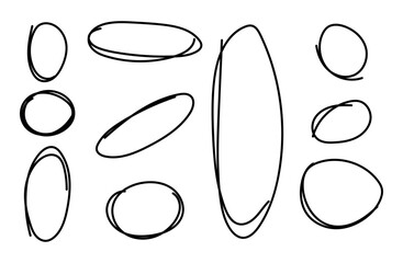 Abstract set of hand-drawn ovals and ellipses on transparent background: geometric sketch in minimalist line style