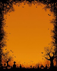 Halloween graveyard background with spooky trees and flying bats.  Orange Halloween background with dark graveyard silhouette, bare trees, pumpkins and bats