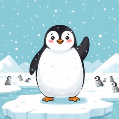 Naklejka premium Cute penguin cartoon character waving in winter wonderland arctic ice illustration