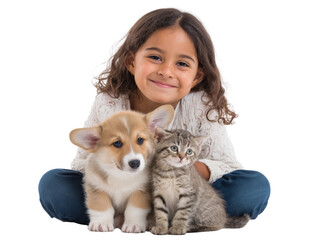 Kid cuddling fluffy puppy and kitten transparent background