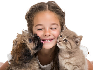Kid cuddling fluffy puppy and kitten transparent background