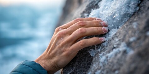 Engaging in the thrill of ice climbing with determination on a frozen rocky surface at dawn Generative AI