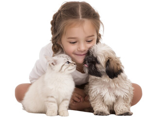 Kid cuddling fluffy puppy and kitten transparent background