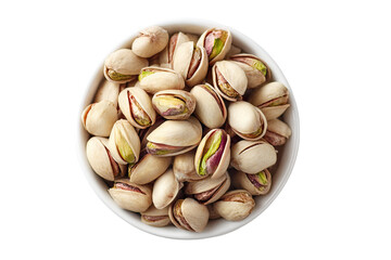 Small white bowl overflowing with pistachios