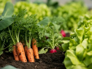 Fresh orange carrots and green lettuce growing in soil radishes vegetables