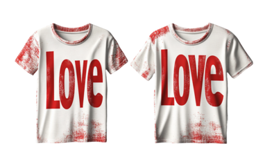 Valentines Day couples wearing coordinated matching t-shirts with Love print design and affectionate expressions isolated on transparent background PNG
