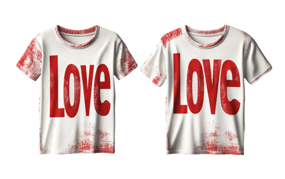 Valentines Day couples wearing coordinated matching t-shirts with Love print design and affectionate expressions isolated on transparent background PNG