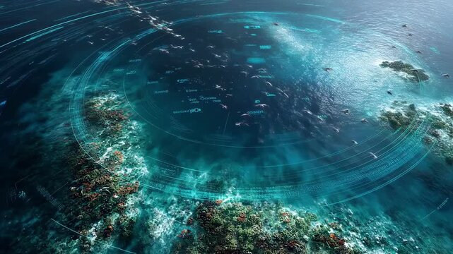 Innovative technology is employed to monitor a vibrant coral reef ecosystem teeming with marine wildlife, utilizing data visualization and analysis for conservation and research