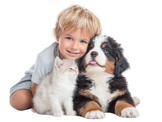 Kid cuddling fluffy puppy and kitten transparent background