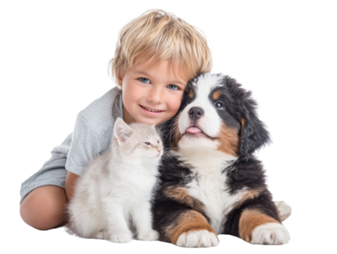 Kid cuddling fluffy puppy and kitten transparent background