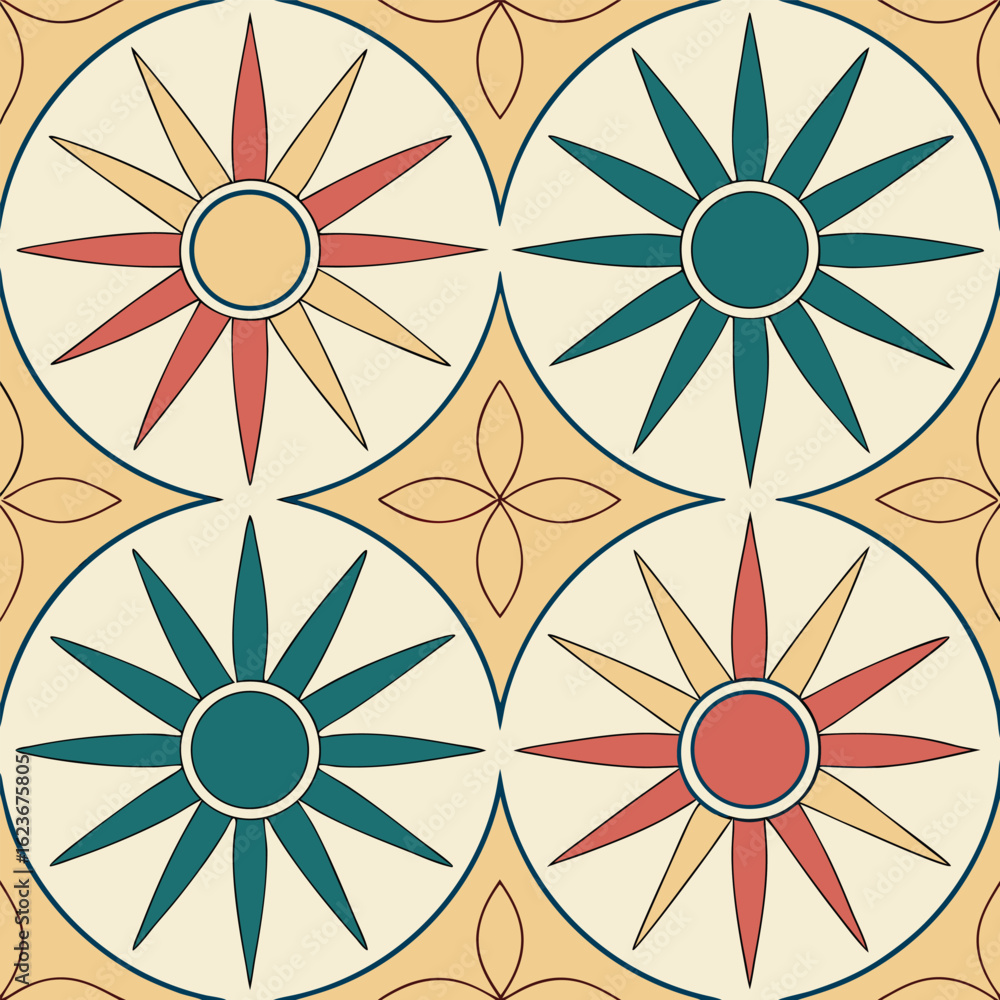 Poster abstract radial sunburst pattern with repeating geometric wedges in a vibrant cmyk color palette per