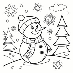 Black and white vector illustration of a children's activity coloring book page with pictures of season snowman.