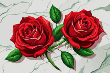 vector of From above, two fresh red velvet roses are arranged side by side on a white marble table...