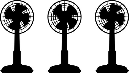 "Three identical silhouette floor fans in white instead of black, set on a soft blue-gray background. The fans are spaced evenly, front-facing from a slightly raised angle, with no shading or texture—