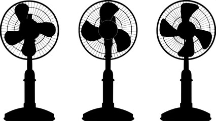 "Three identical silhouette floor fans in white instead of black, set on a soft blue-gray background. The fans are spaced evenly, front-facing from a slightly raised angle, with no shading or texture—