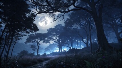 Naklejka premium Enchanting full moon casting ethereal glow through mysterious forest, perfect for fantasy or Halloween themes