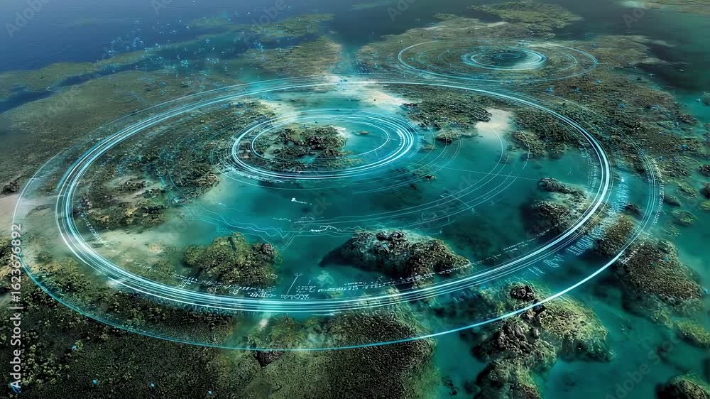 Poster futuristic holographic interface displaying data and information about reefs and marine ecosystems, 