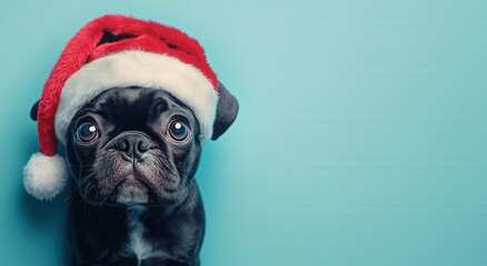 Adorable puppy wearing Santa hat on blue background for Christmas. Cute Christmas dog with red Santa hat posing on bright blue backdrop