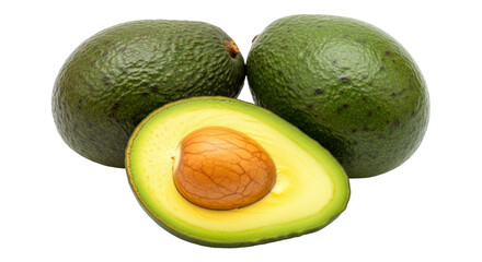 Isolated whole and halved avocado