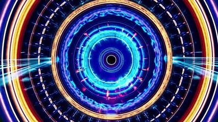 Loopable spinning radial stage effect with glowing red and blue concentric rings, sci-fi inspired motion graphic for concerts, electronic shows, or VJ background visuals - Powered by Adobe