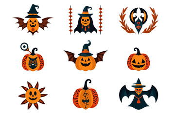 Graphic collection of nine unique Halloween pumpkin designs with bats and witch hats in orange, brown, purple, and black, perfect for festive holiday applications.