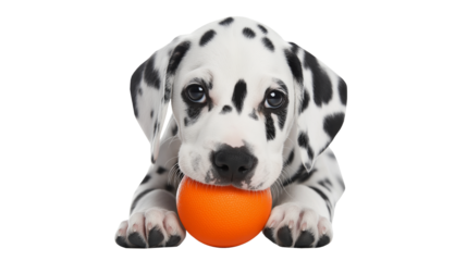 Cute Dalmatian dog holding a ball in its mouth, isolated on a transparent or white background. Perfect for pet, animal, playtime, and dog-themed designs.