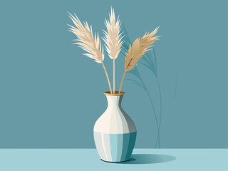 A white ceramic vase holding a single dried pampas grass stem, minimalist interior object on clean background