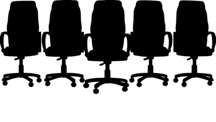 "Five black silhouette office chairs arranged in a straight horizontal line on a light gray background. Each chair features a high backrest, armrests, and a wheeled base, depicted in a solid, graphic 