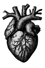 Detailed black anatomical heart illustration isolated on a white or transparent background. Perfect for medical, educational, scientific, or artistic design use.