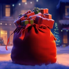 Santa’s sack full of Christmas presents in snowy neighborhood at night.Red sack with colorful Christmas gifts in a snowy street, holiday festive scene