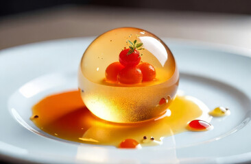 Tomato jelly sphere. Modern appetizer. Transparent food art.