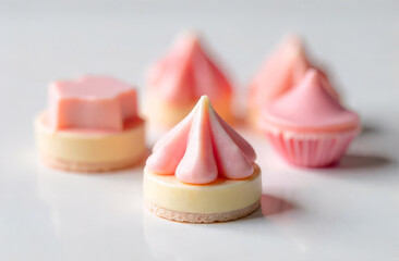 Mini pink meringues. Delicate dessert bites. Whipped sweets.