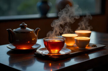 Chinese tea set. Warm tea cups. Evening tea ritual.