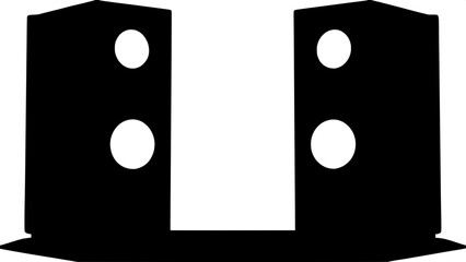 "Two black silhouette standing speakers, placed symmetrically on a light pastel gray background. Each speaker has a tall rectangular body and circular woofers, illustrated in a graphic, minimalist sty
