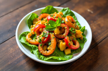 Shrimp salad plate. Seafood with vegetables. Healthy lunch.