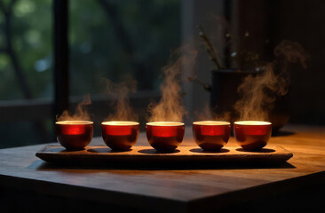 Traditional tea ceremony. Steaming cups on tray. Warm tea ritual.