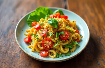 Vegetable pasta bowl. Healthy veggie noodles. Gourmet lunch.