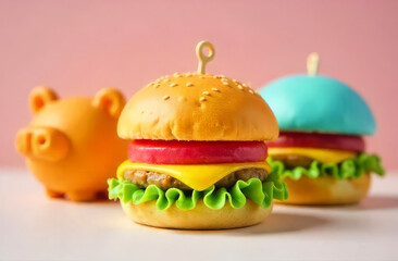Adorable burger. Yellow bun sandwich. Kawaii-style fast food.