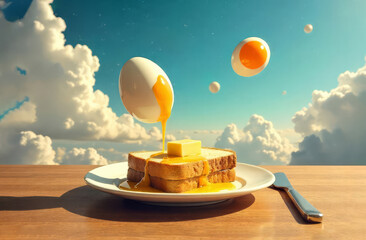Flying egg breakfast. Surreal toast with egg. Whimsical meal.
