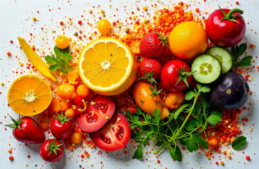 Fruits splash. Citrus and berries explosion. Healthy food art.
