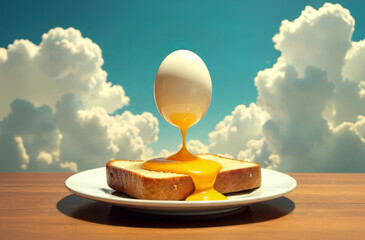 Floating egg. Surreal toast breakfast. Dreamy food concept.