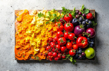 Vegetable artwork. Colorful produce wall. Food art collage.