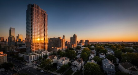 Obraz premium Sunrise cityscape, modern high-rise reflecting golden light